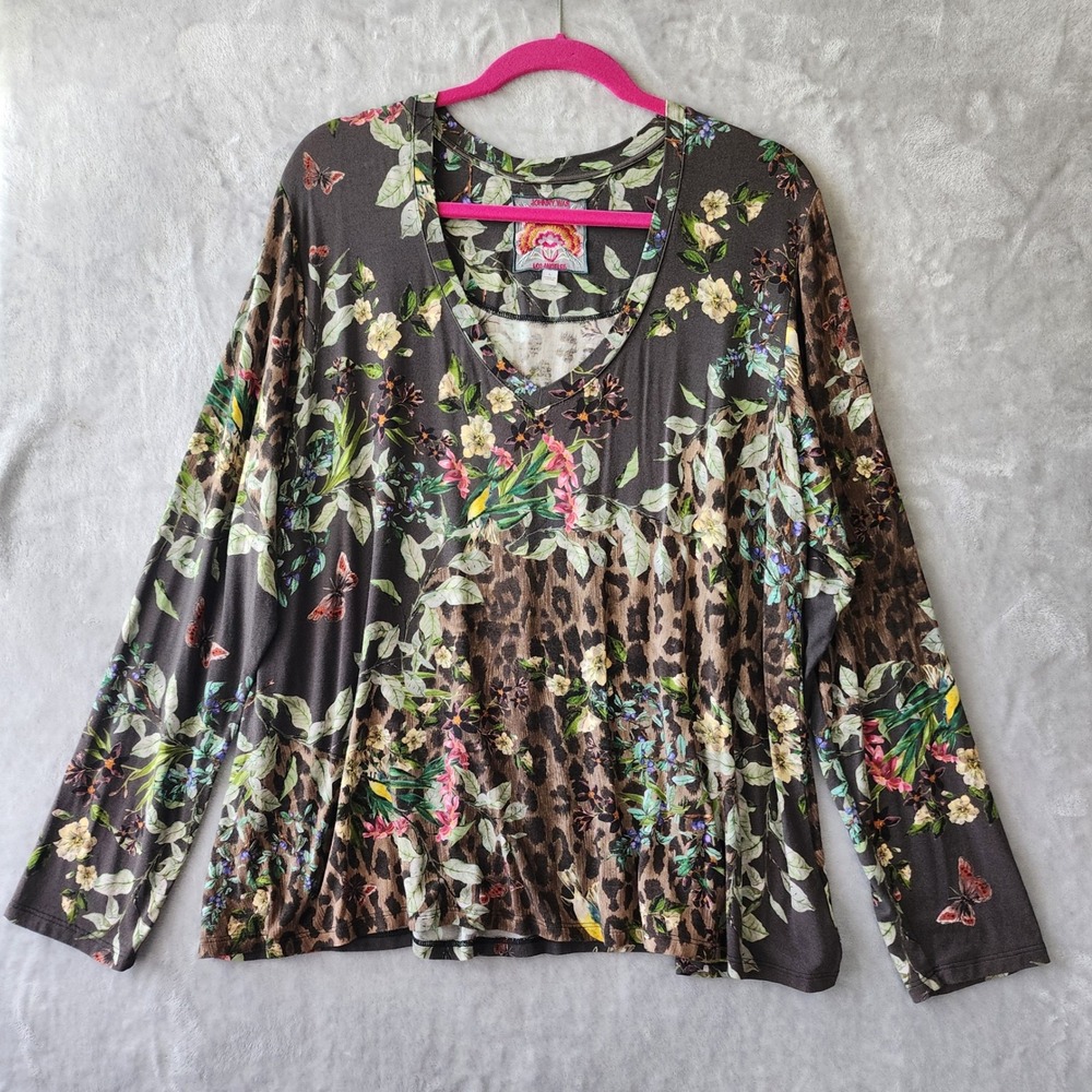 Johnny Was Top Womens Size Large Butterfly Leopard Floral Ash Bird Bamboo Shirt